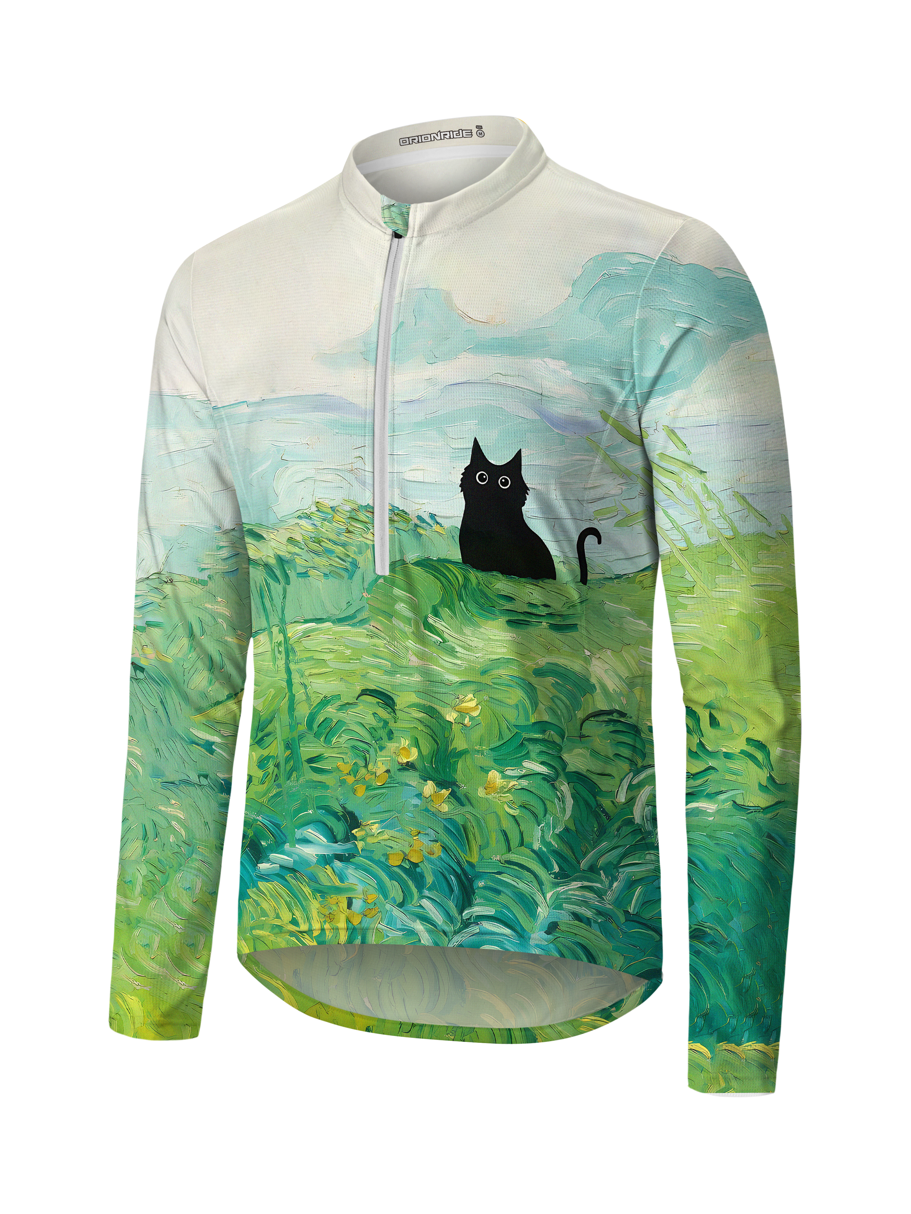 Orionride Oil Painting Black Cat Long Sleeve Half Zipper Mountain Bike Jersey
