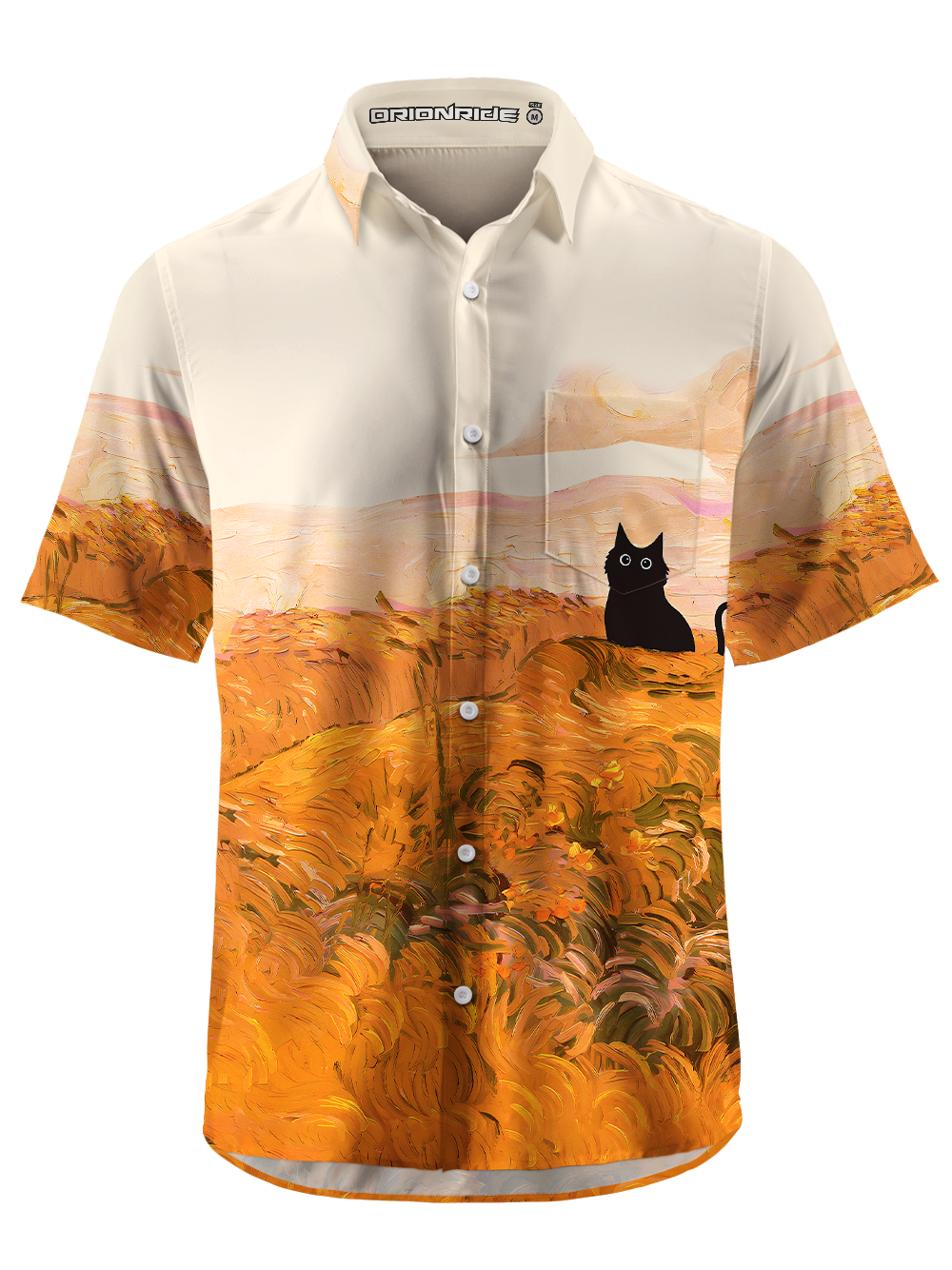 Orionride Short Sleeves Oil Painting Black Cat Zipper Pockets Ultra Lightweight Gravel Shirt