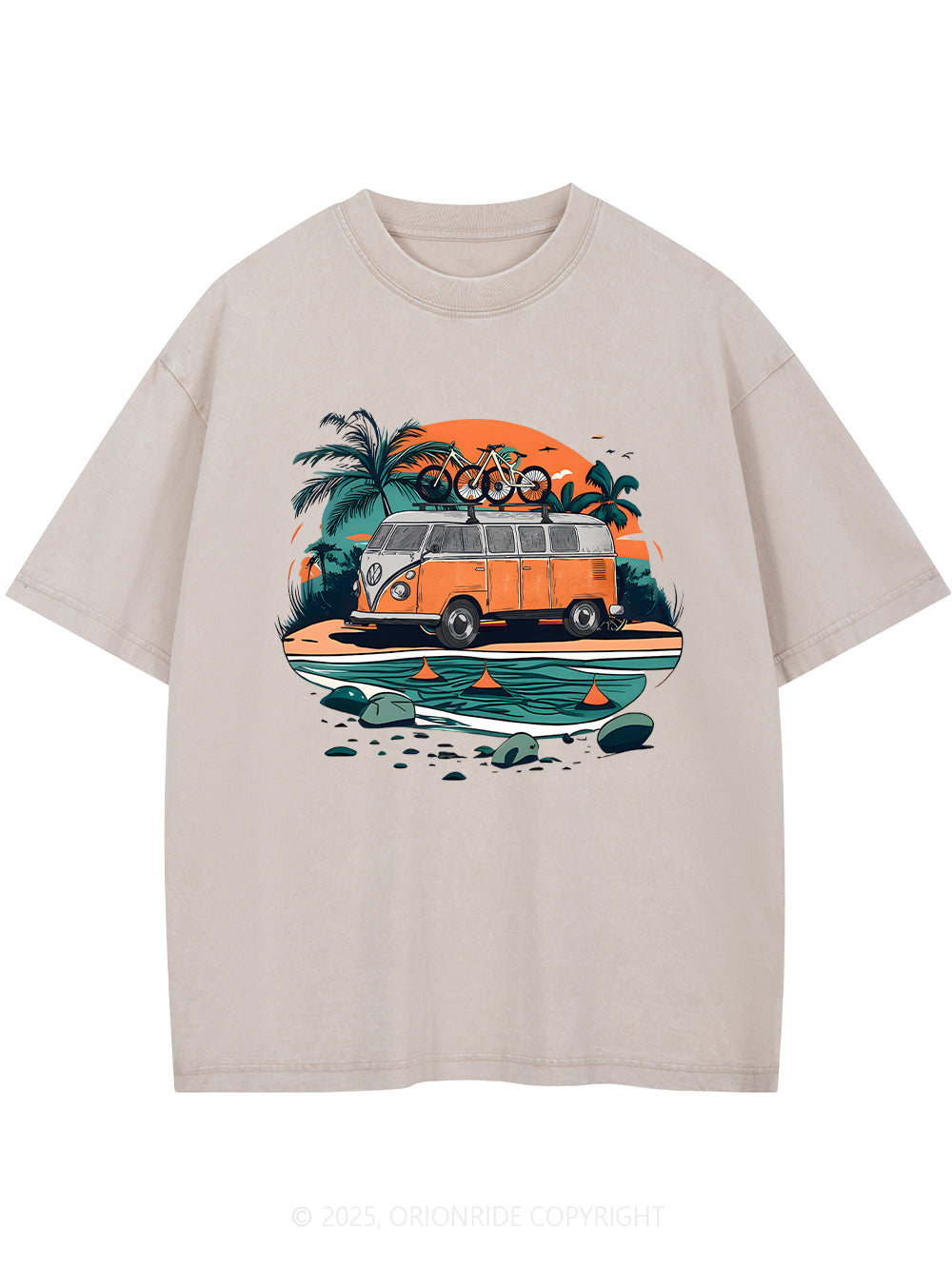 Orionride Beach Retro Car Short Sleeves Bike Washed T-Shirt