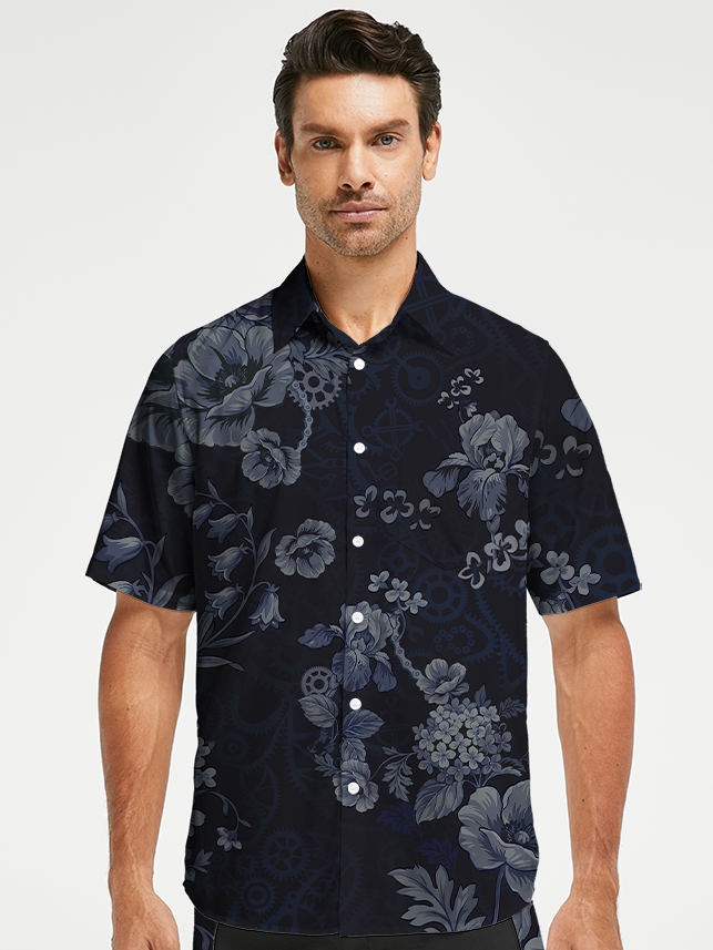 Orionride Dark Floral Pattern Zipper Pockets Ultra Lightweight Short Sleeves Gravel Shirt