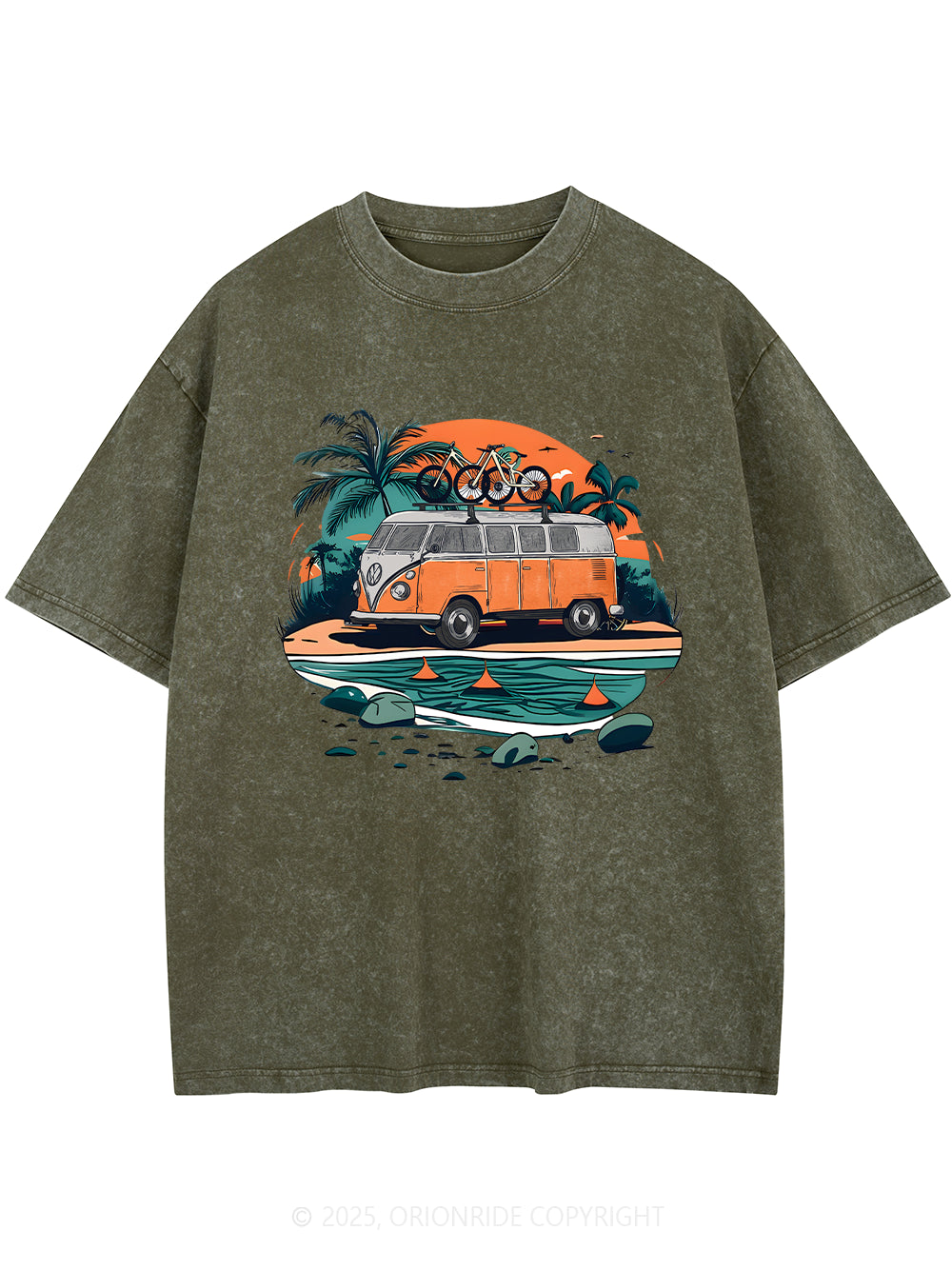 Orionride Beach Retro Car Short Sleeves Bike Washed T-Shirt