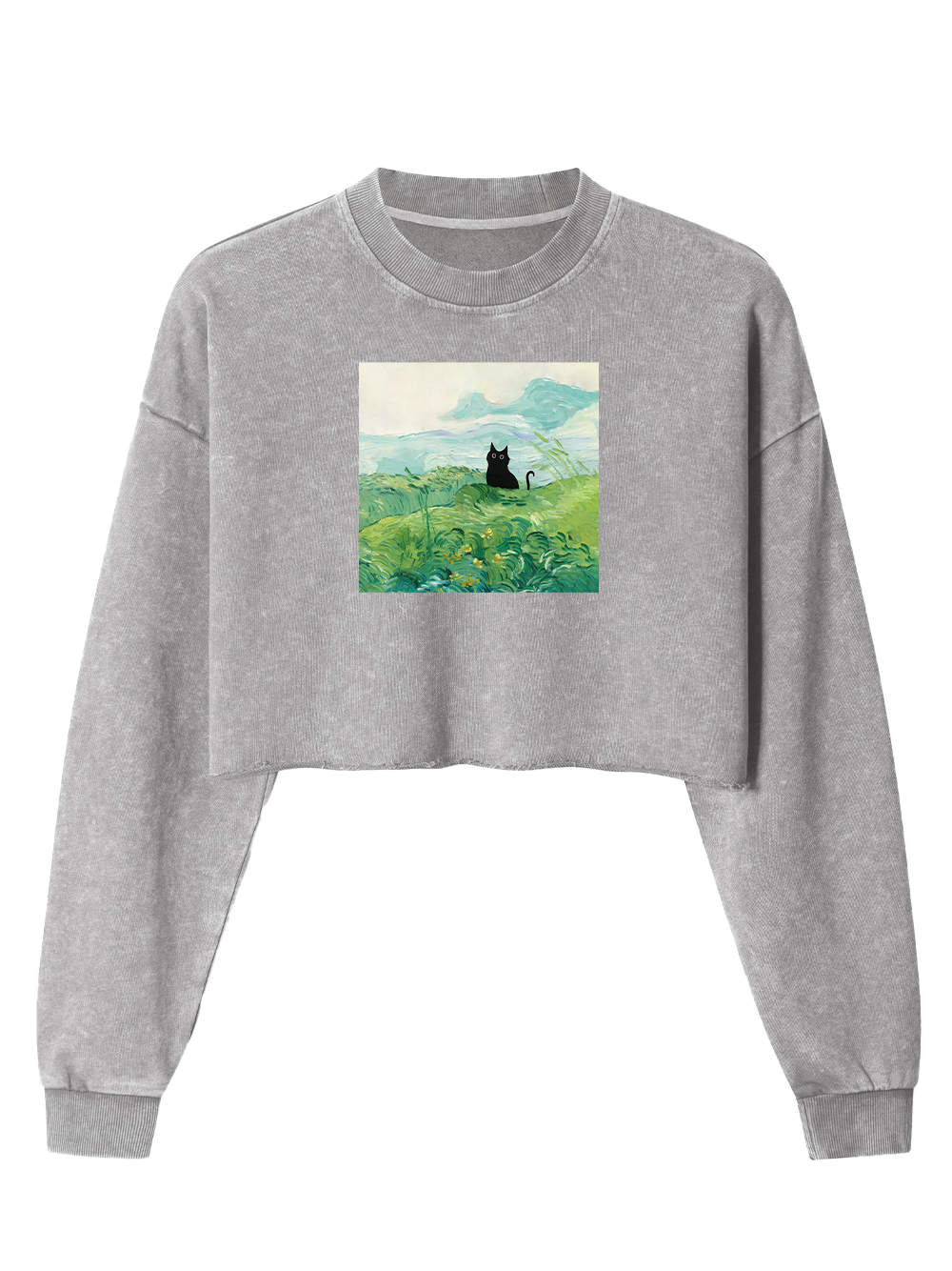 Orionride Oil Painting Black Cat Women's Washed Crop Sweatshirt