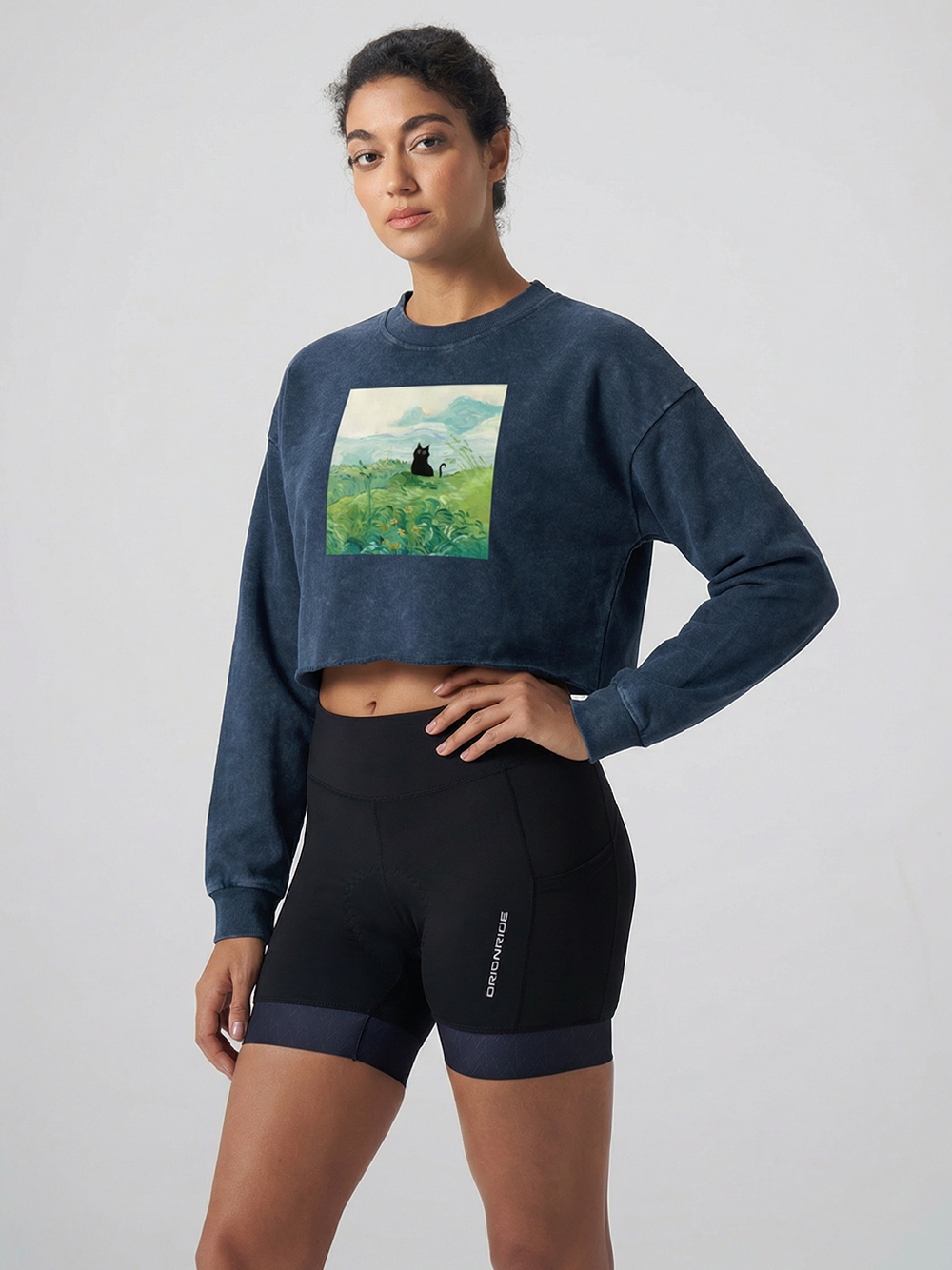 Orionride Oil Painting Black Cat Women's Washed Crop Sweatshirt