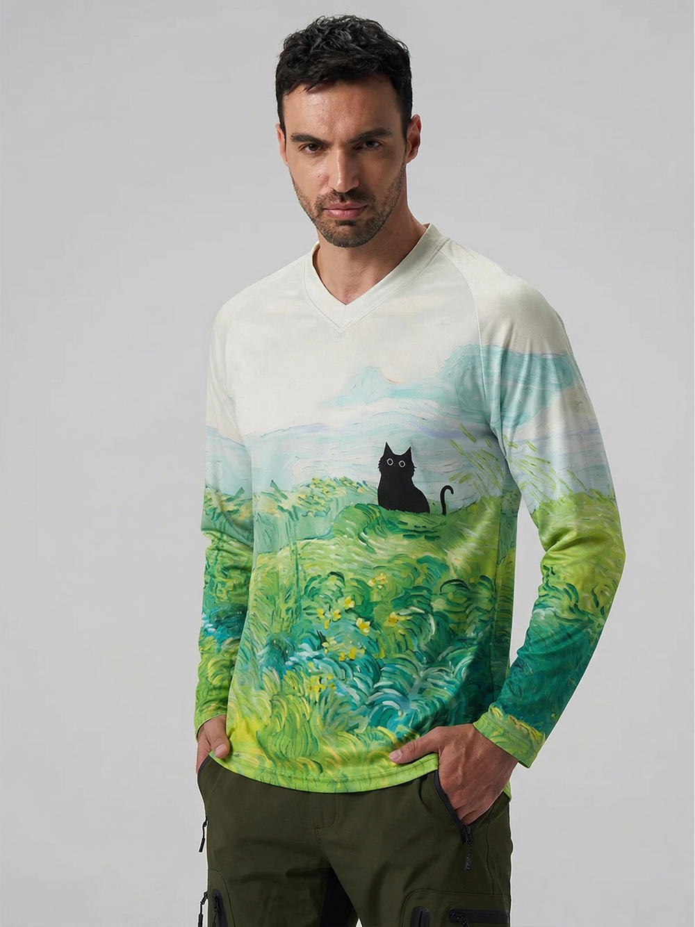 Orionride Oil Painting Black Cat Long Sleeve Downhill Jersey