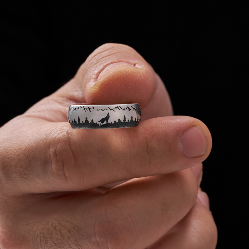 Orionride Mountain Wolf King Sterling Silver Band Ring