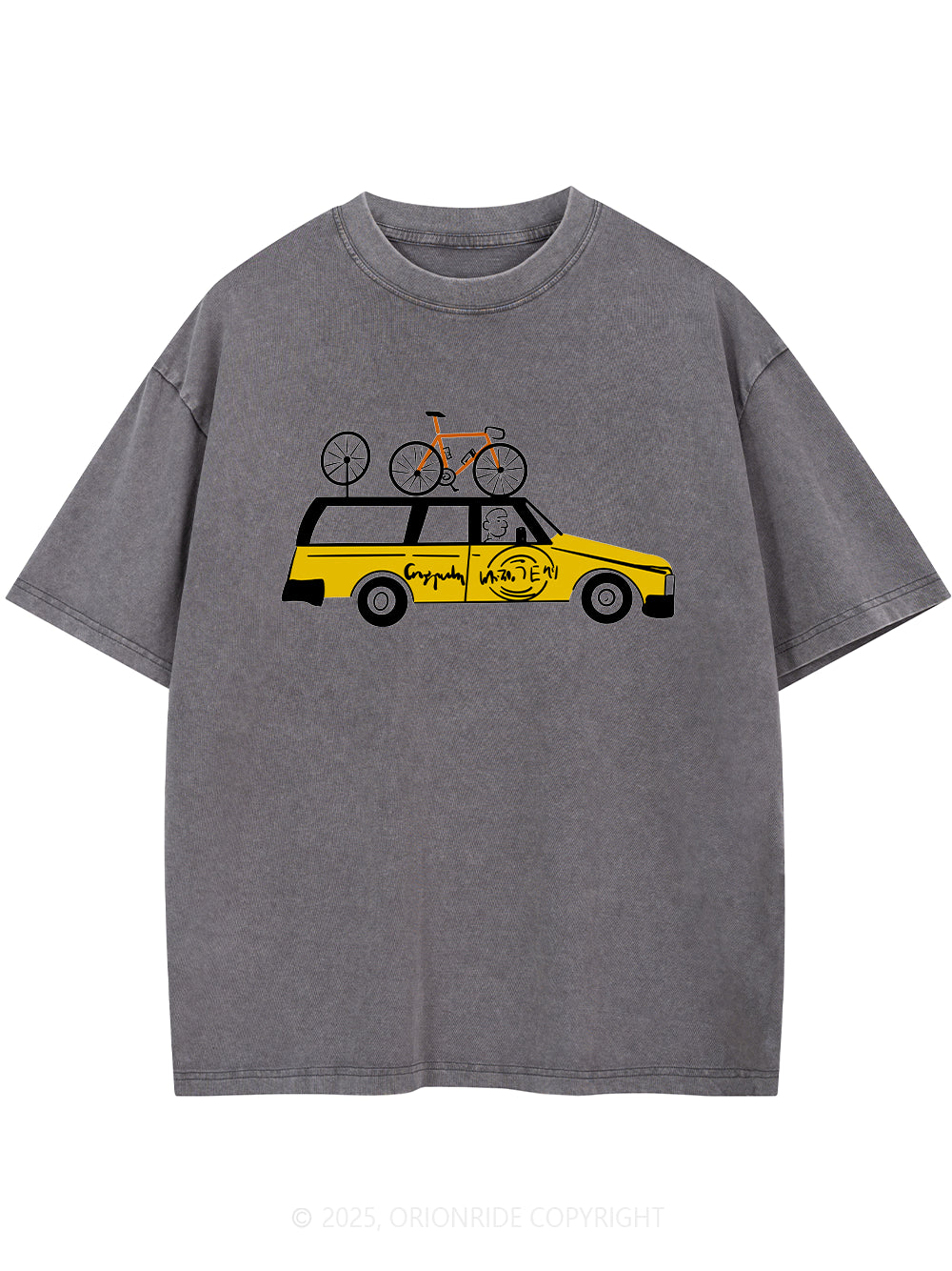 Orionride Yellow Car Short Sleeves Bike Washed T-Shirt