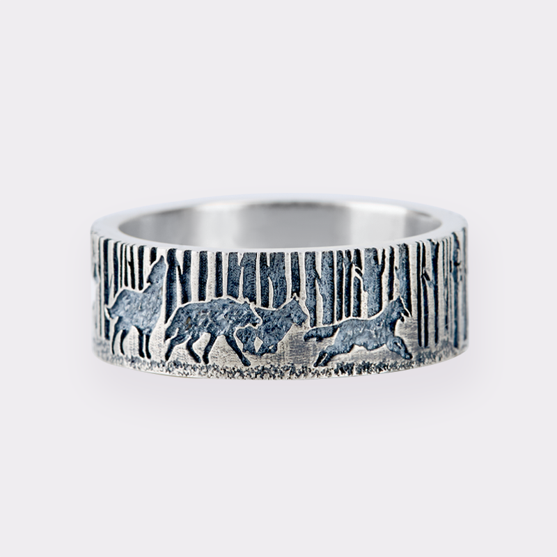Orionride Wolf In The Forest Sterling Silver Band Ring