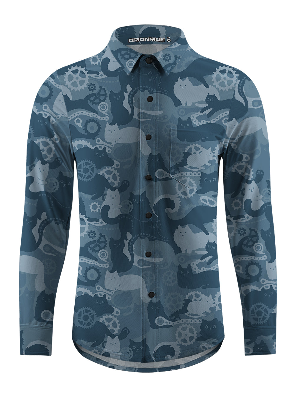Orionride Cat Playing With Gears Men's Stretchy Breathable Long Sleeve Gravel Shirt