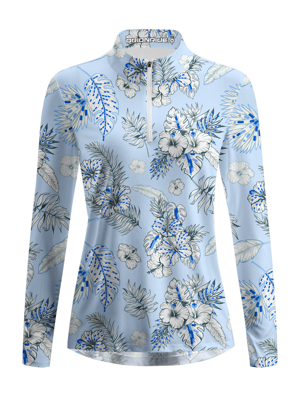 Orionride Blue Hibiscus Women's Quarter Zipper Long Sleeve Jersey