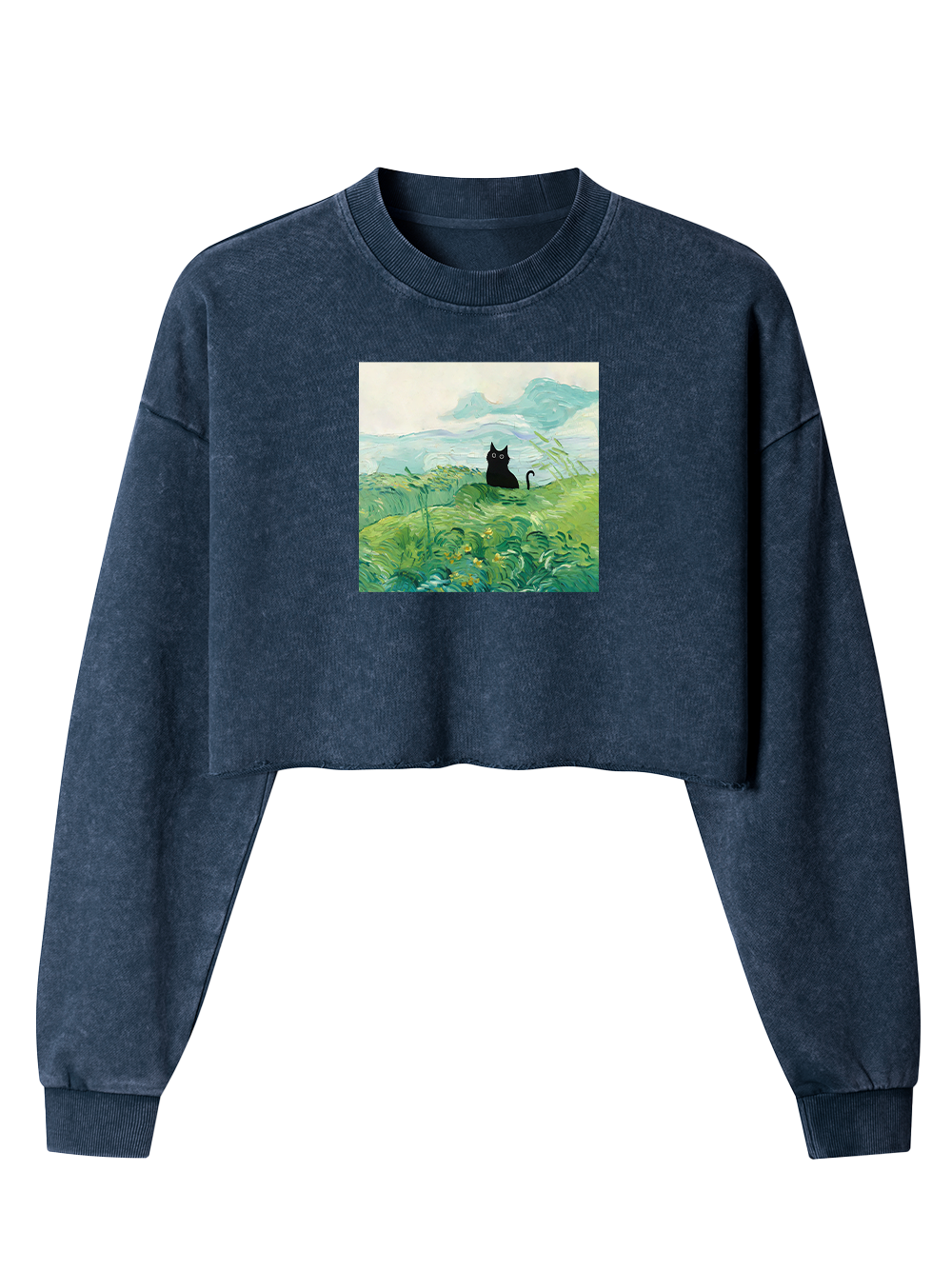 Orionride Oil Painting Black Cat Women's Washed Crop Sweatshirt