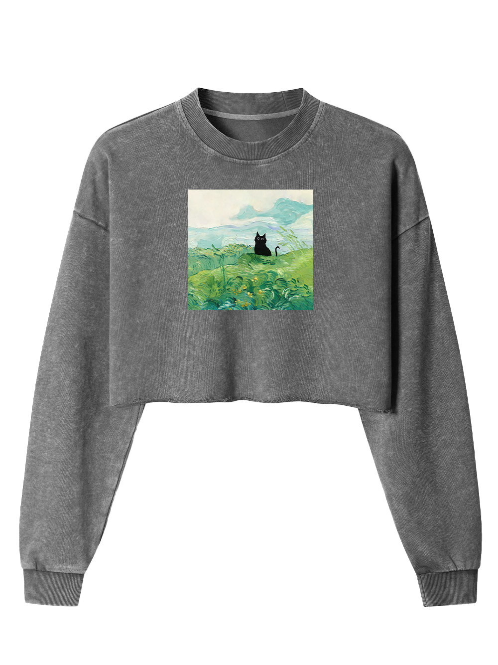 Orionride Oil Painting Black Cat Women's Washed Crop Sweatshirt