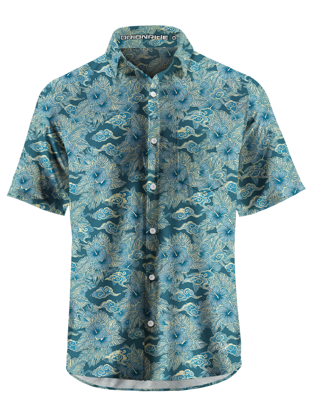Orionride Dark Blue Hibiscus Zipper Pockets Ultra Lightweight Short Sleeves Gravel Shirt