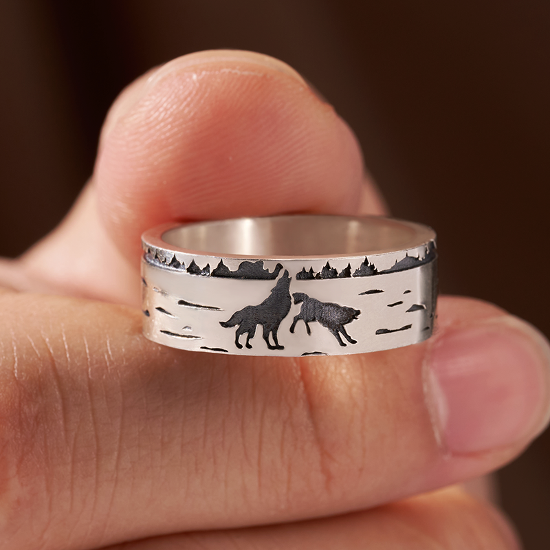 Orionride Wolf In The Snow Sterling Silver Band Ring