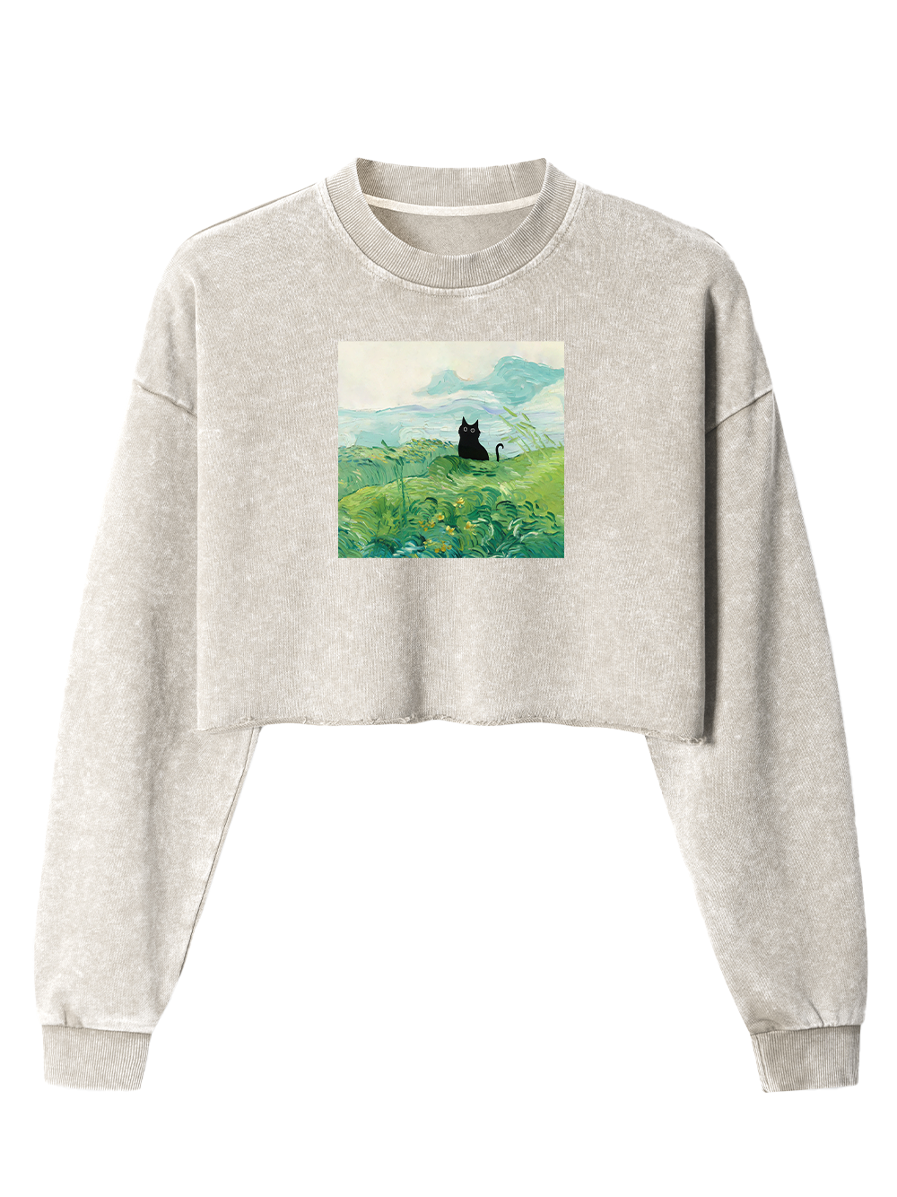 Orionride Oil Painting Black Cat Women's Washed Crop Sweatshirt