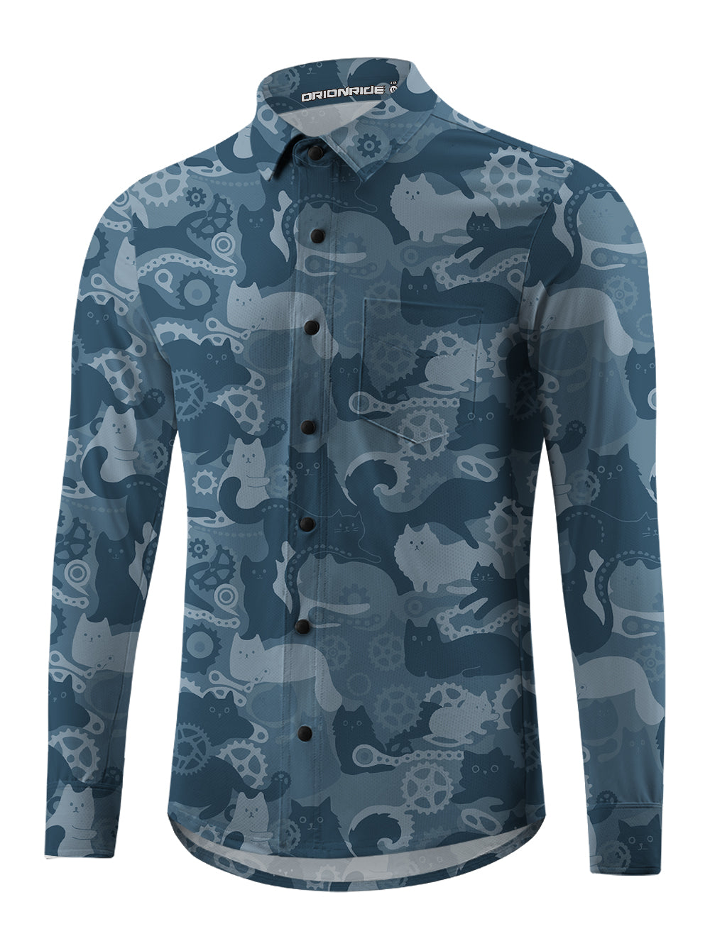Orionride Cat Playing With Gears Men's Stretchy Breathable Long Sleeve Gravel Shirt