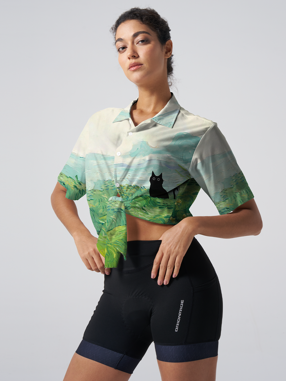 Orionride Oil Painting Black Cat Zipper Pockets Ultra Lightweight Short Sleeves Women's Gravel Shirt