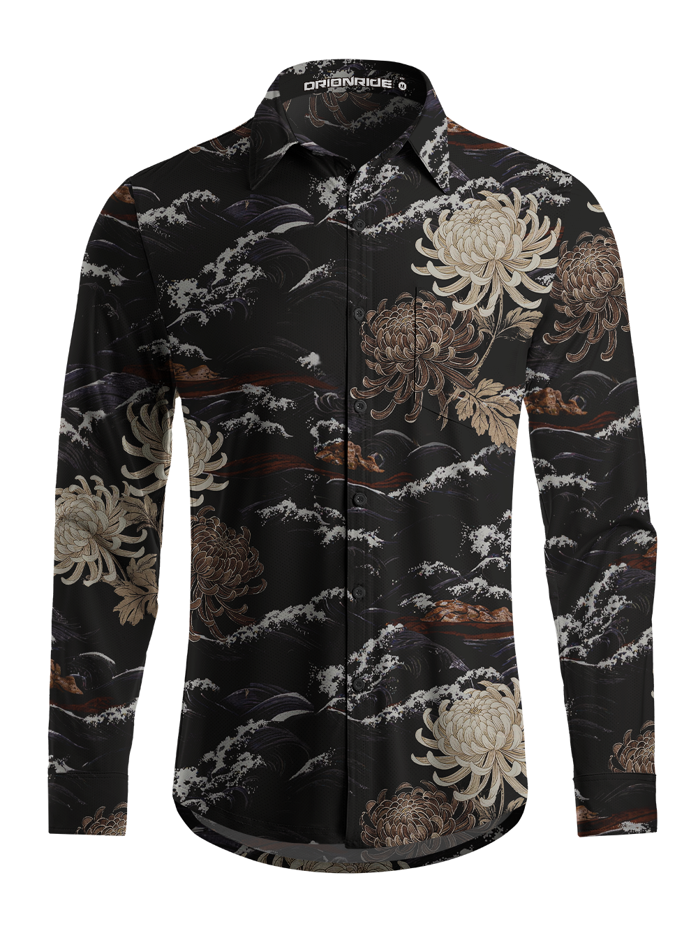 Orionride Chrysanthemums And Waves Men's Stretchy Breathable Long Sleeve Gravel Shirt