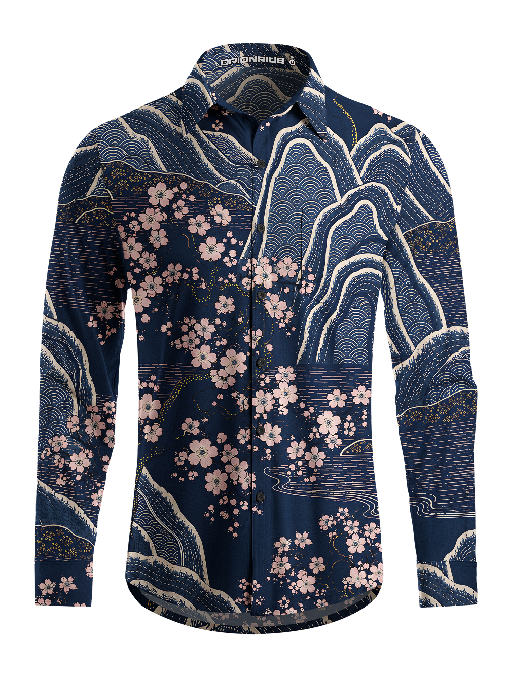 Orionride Sakura Night Landscape Men's Stretchy Breathable Long Sleeve Gravel Shirt