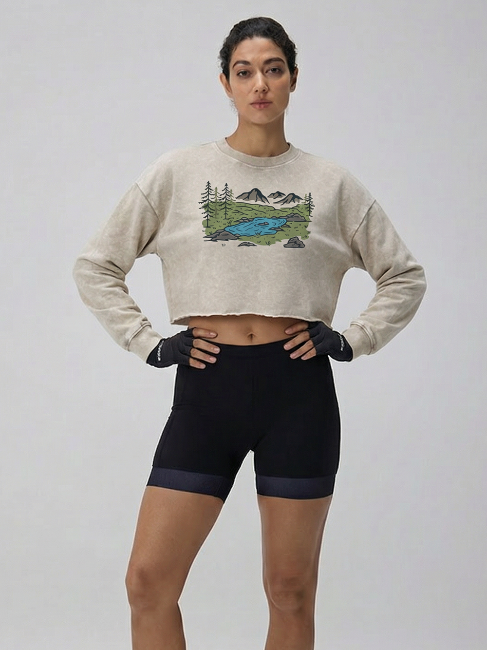 Orionride Mountain Scenery Women's Washed Crop Sweatshirt