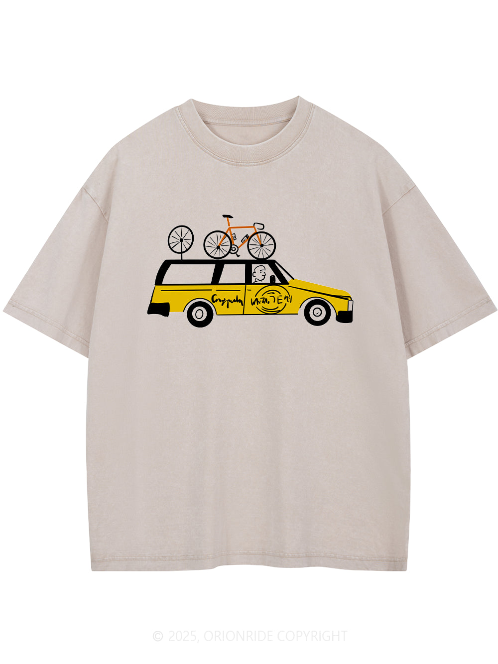 Orionride Yellow Car Short Sleeves Bike Washed T-Shirt