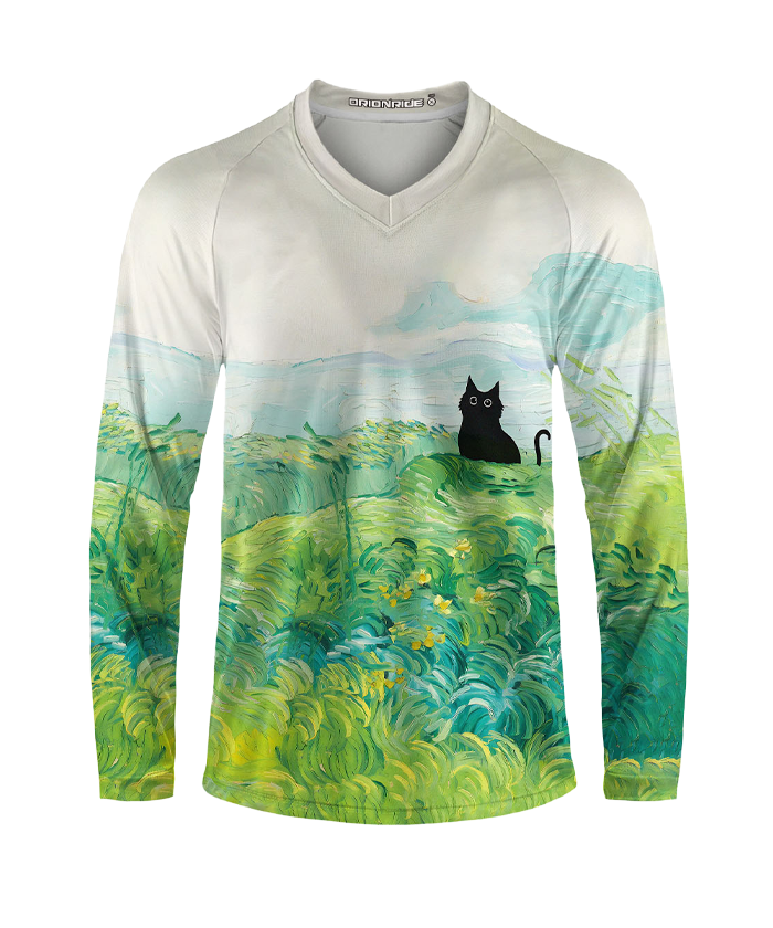Orionride Oil Painting Black Cat Long Sleeve Downhill Jersey
