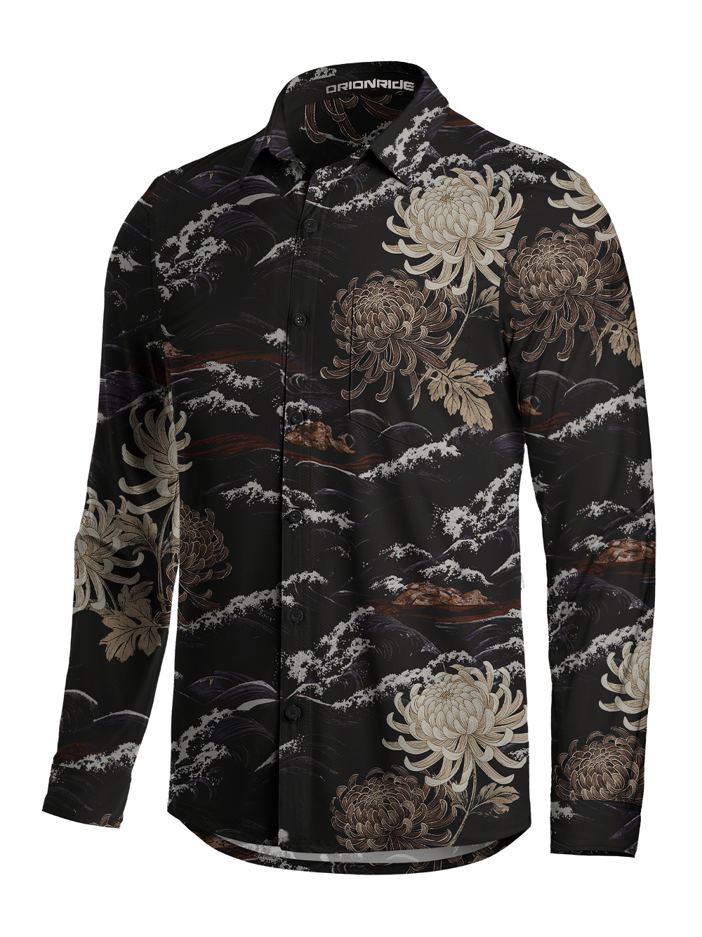 Orionride Chrysanthemums And Waves Men's Stretchy Breathable Long Sleeve Gravel Shirt