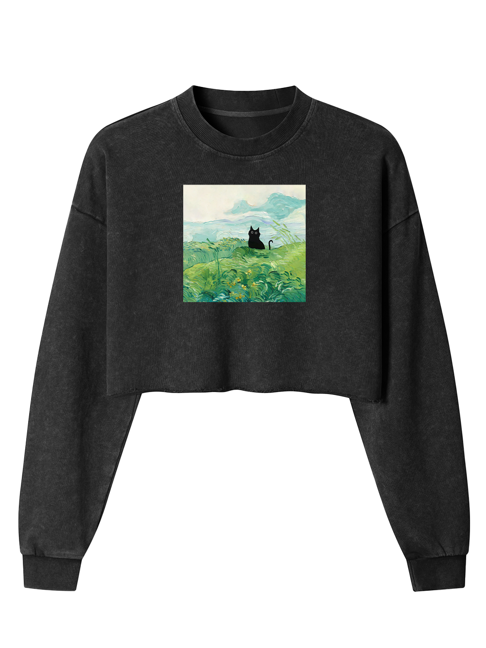Orionride Oil Painting Black Cat Women's Washed Crop Sweatshirt
