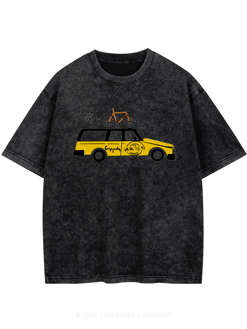 Orionride Yellow Car Short Sleeves Bike Washed T-Shirt