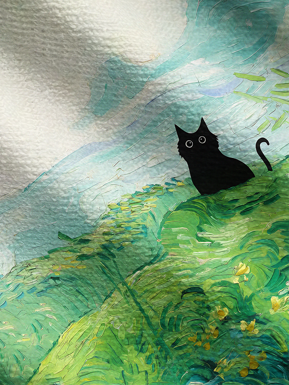 Orionride Oil Painting Black Cat Women's Knitted Cardigan