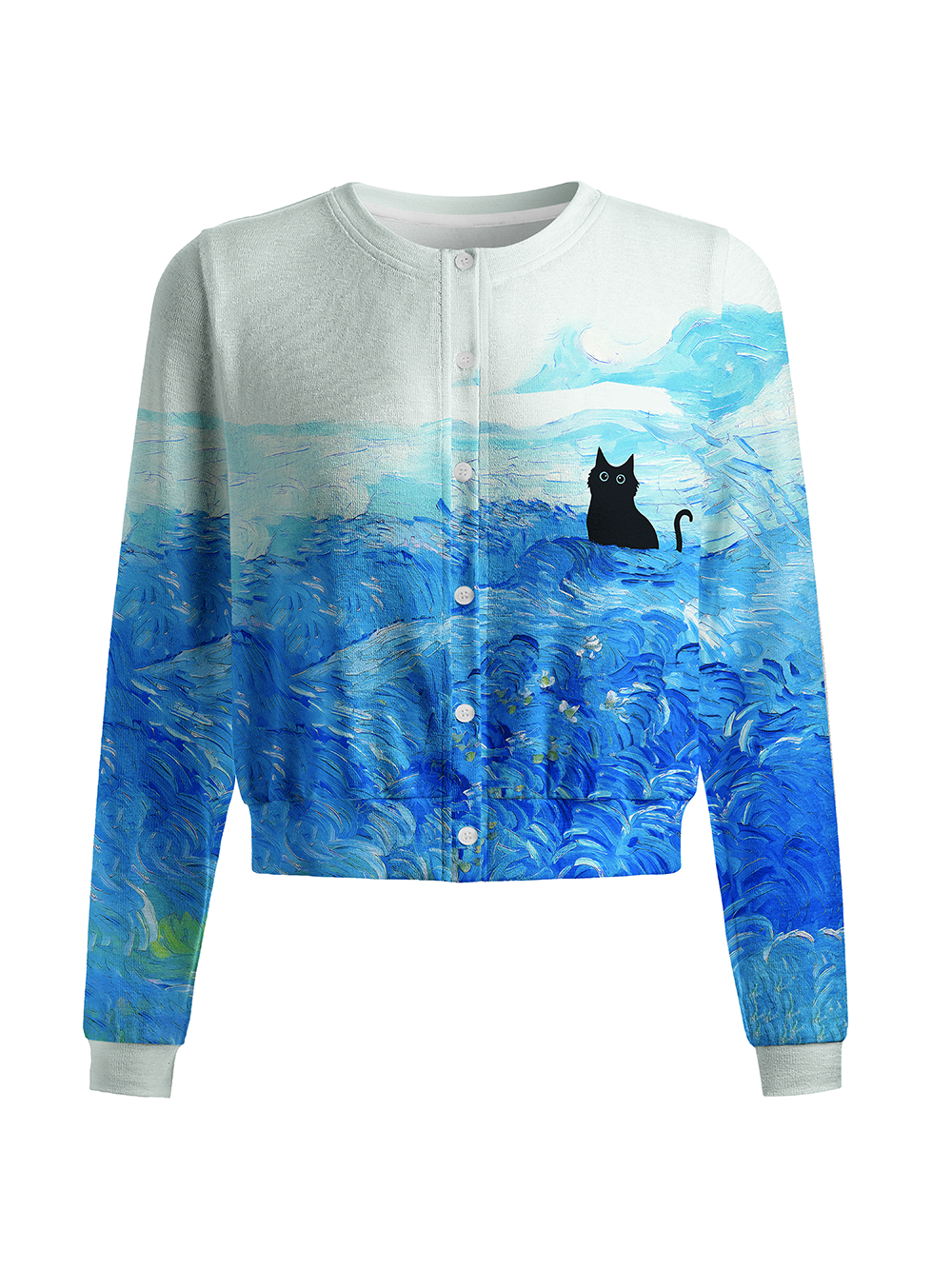 Orionride Oil Painting Black Cat Women's Knitted Cardigan