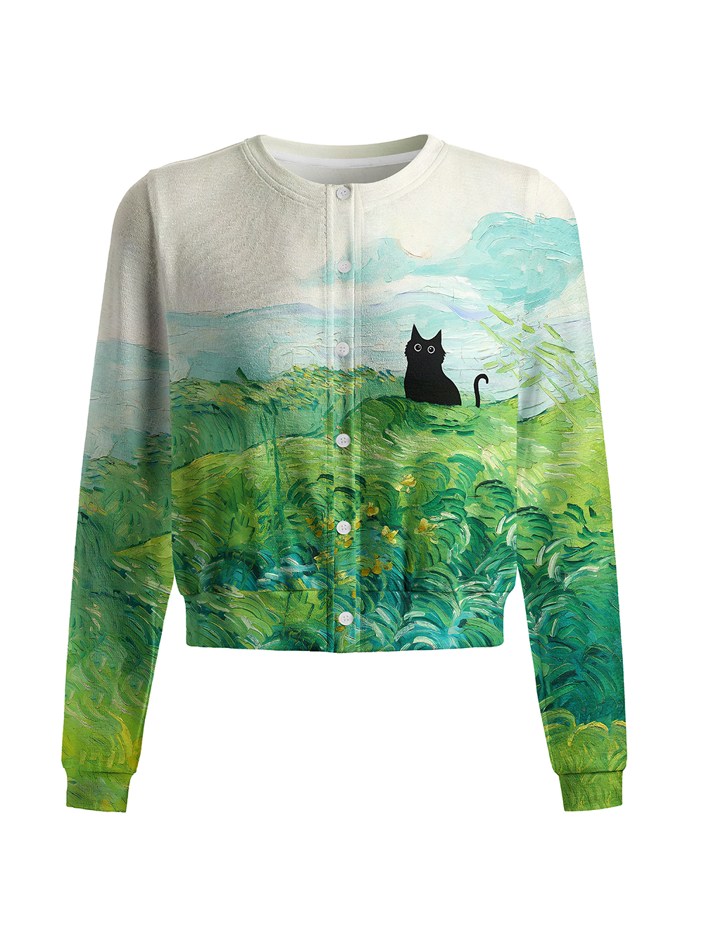 Orionride Oil Painting Black Cat Women's Knitted Cardigan