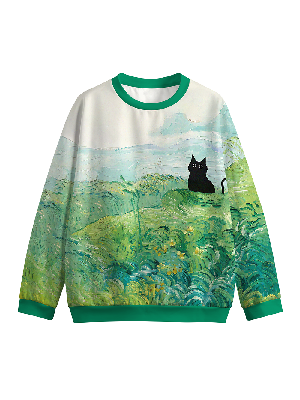 Orionride Oil Painting Black Cat Crew Neck Pullover Sweatshirt
