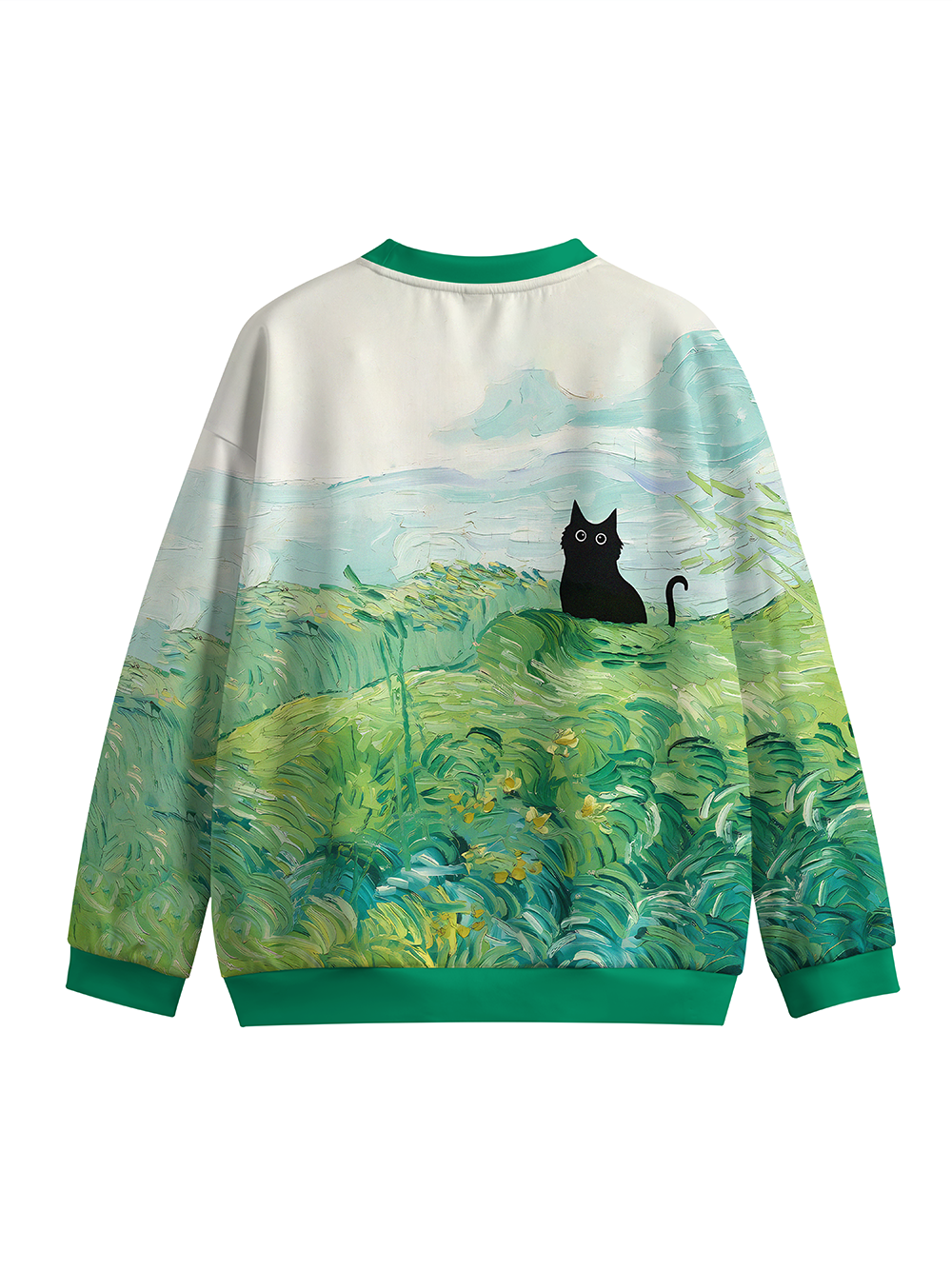 Orionride Oil Painting Black Cat Crew Neck Pullover Sweatshirt