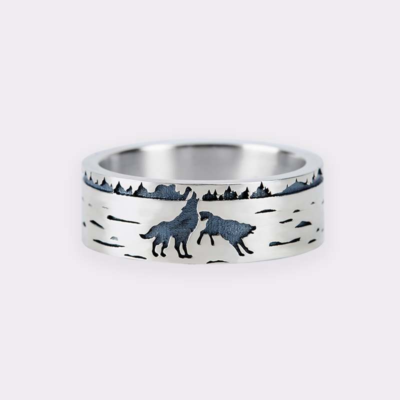 Orionride Wolf In The Snow Sterling Silver Band Ring