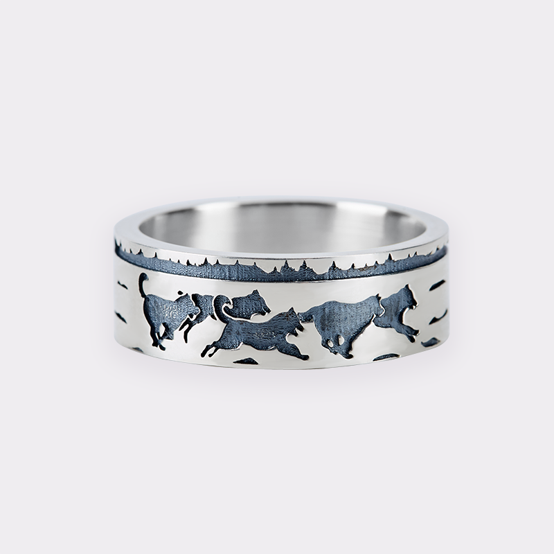 Orionride Wolf In The Snow Sterling Silver Band Ring