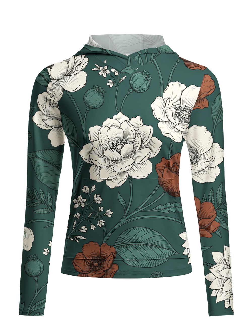 Orionride Vintage Jade Florals Women's Long Sleeve Cycling Hoodie Shirt
