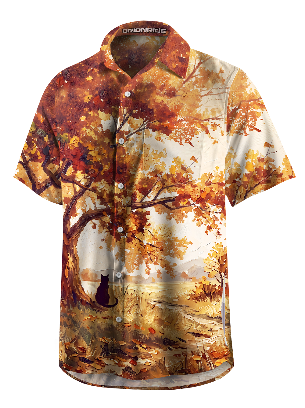 Orionride Golden Autumn Cat Zipper Pockets Ultra Lightweight Short Sleeves Gravel Shirt