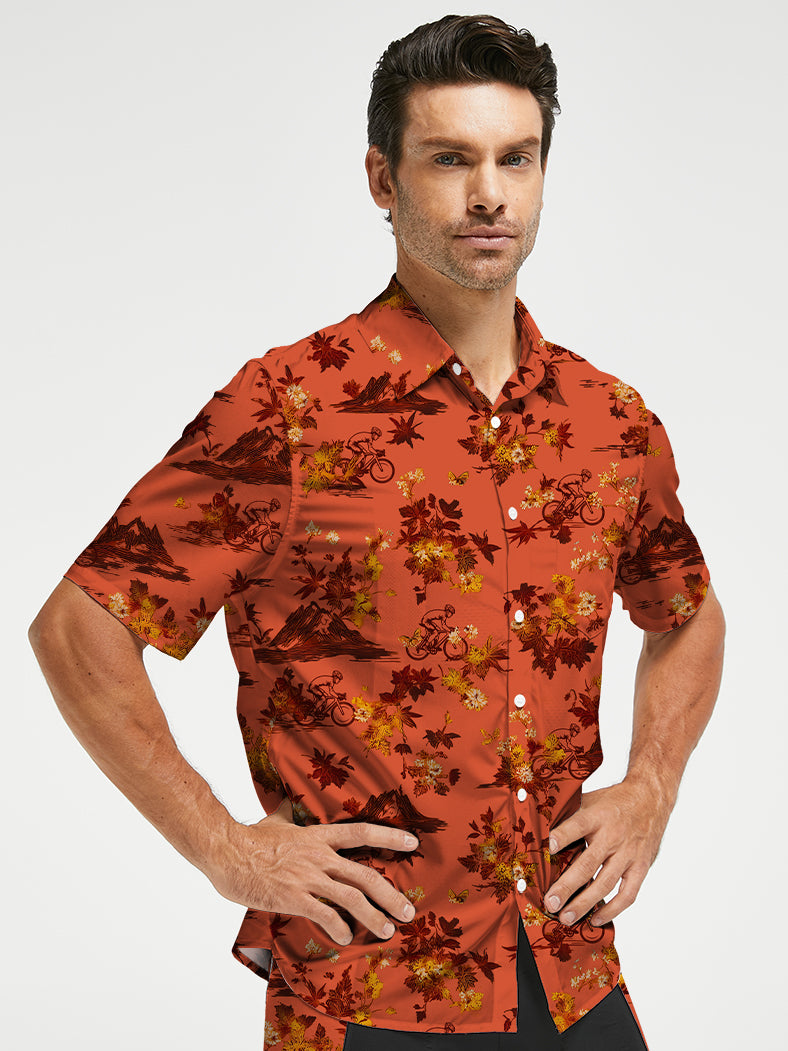 Orionride Fiery Red Leaves Zipper Pockets Ultra Lightweight Short Sleeves Gravel Shirt