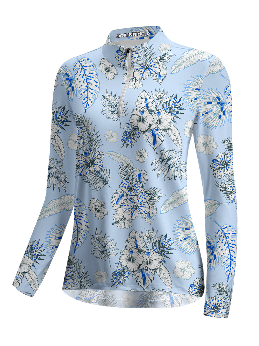 Orionride Blue Hibiscus Women's Quarter Zipper Long Sleeve Jersey